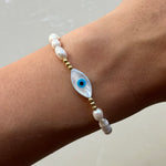 Freshwater Pearl Beaded Evil Eye Gold Bracelet