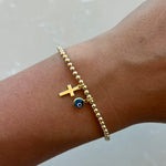 Cross & Evil Eye Light Blue Gold Elastic Bracelets