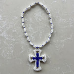 Beaded Cross Rosary - Blue/White