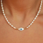 Freshwater Pearl Beaded Evil Eye Gold Necklace