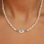 Freshwater Pearl Beaded Evil Eye Silver Necklace