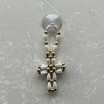 Pearl & Gold Beaded Cross Car Charm