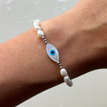 Freshwater Pearl Beaded Evil Eye Silver Bracelet