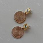 Blue Textured Gold Disc Earrings