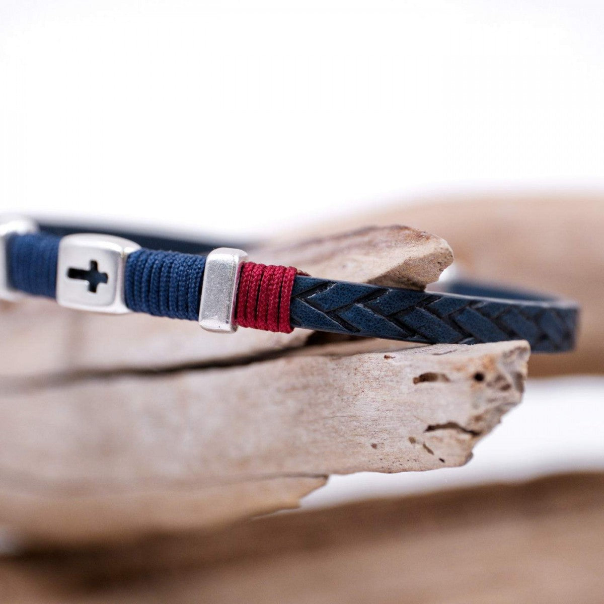 Silver Cross Navy Leather Bracelet