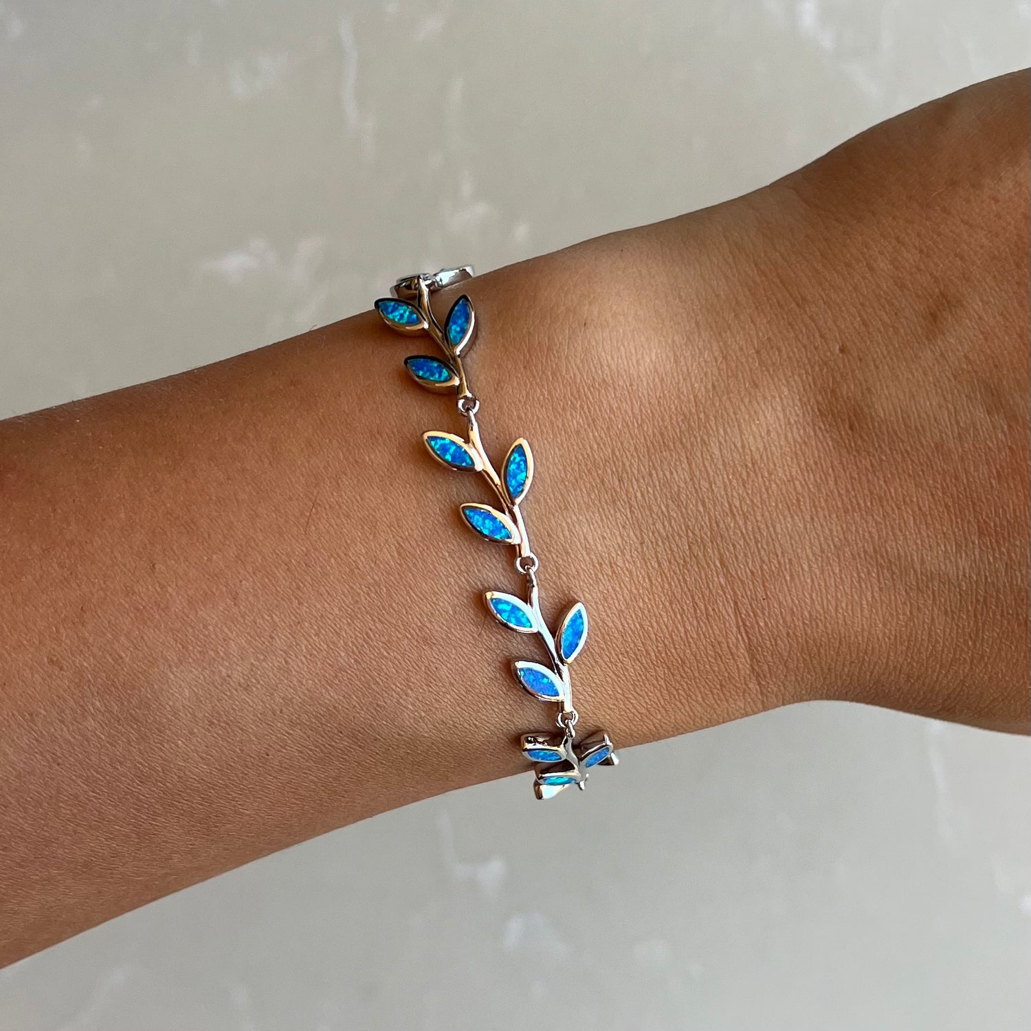 Opal Olive Leaf Silver Chain Bracelet