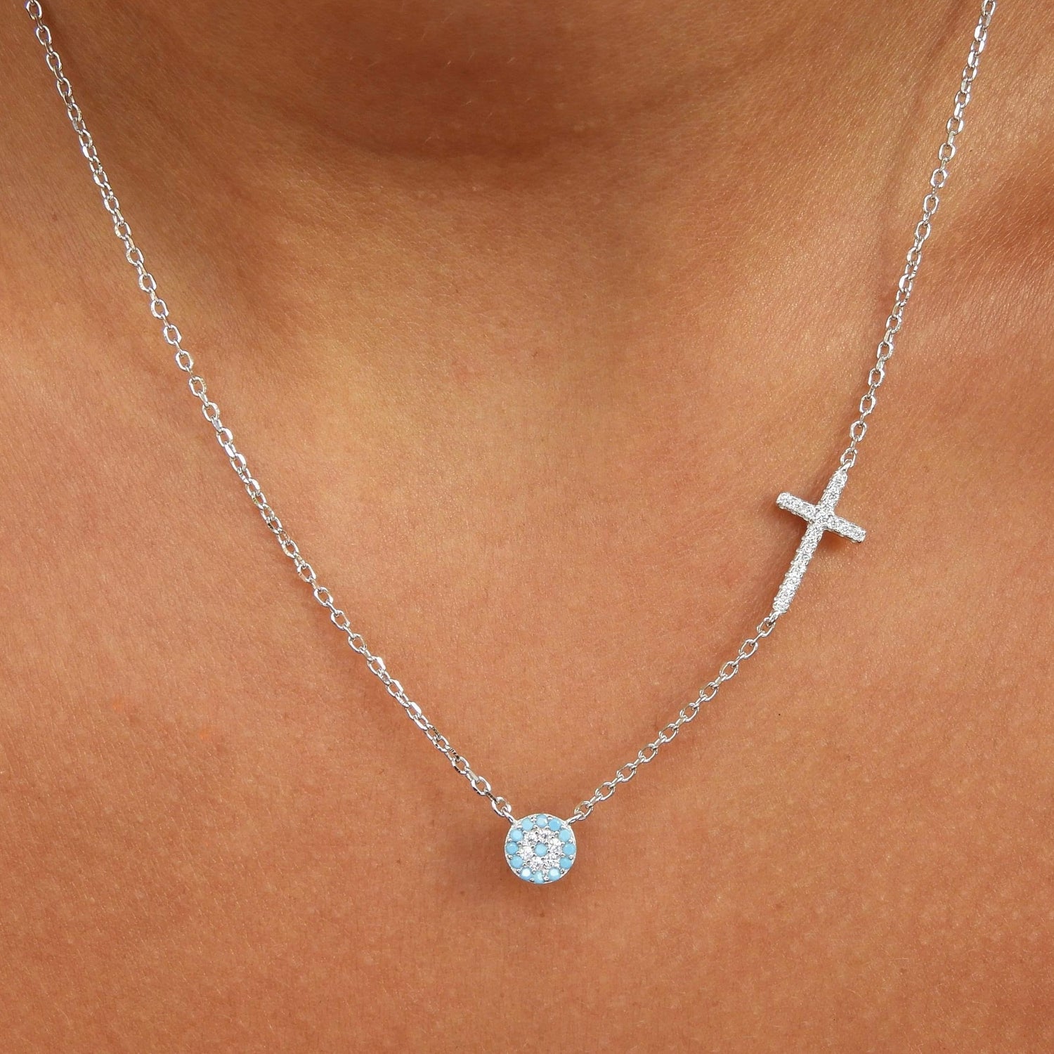 Cross & Evil Eye Silver Light Blue Necklace