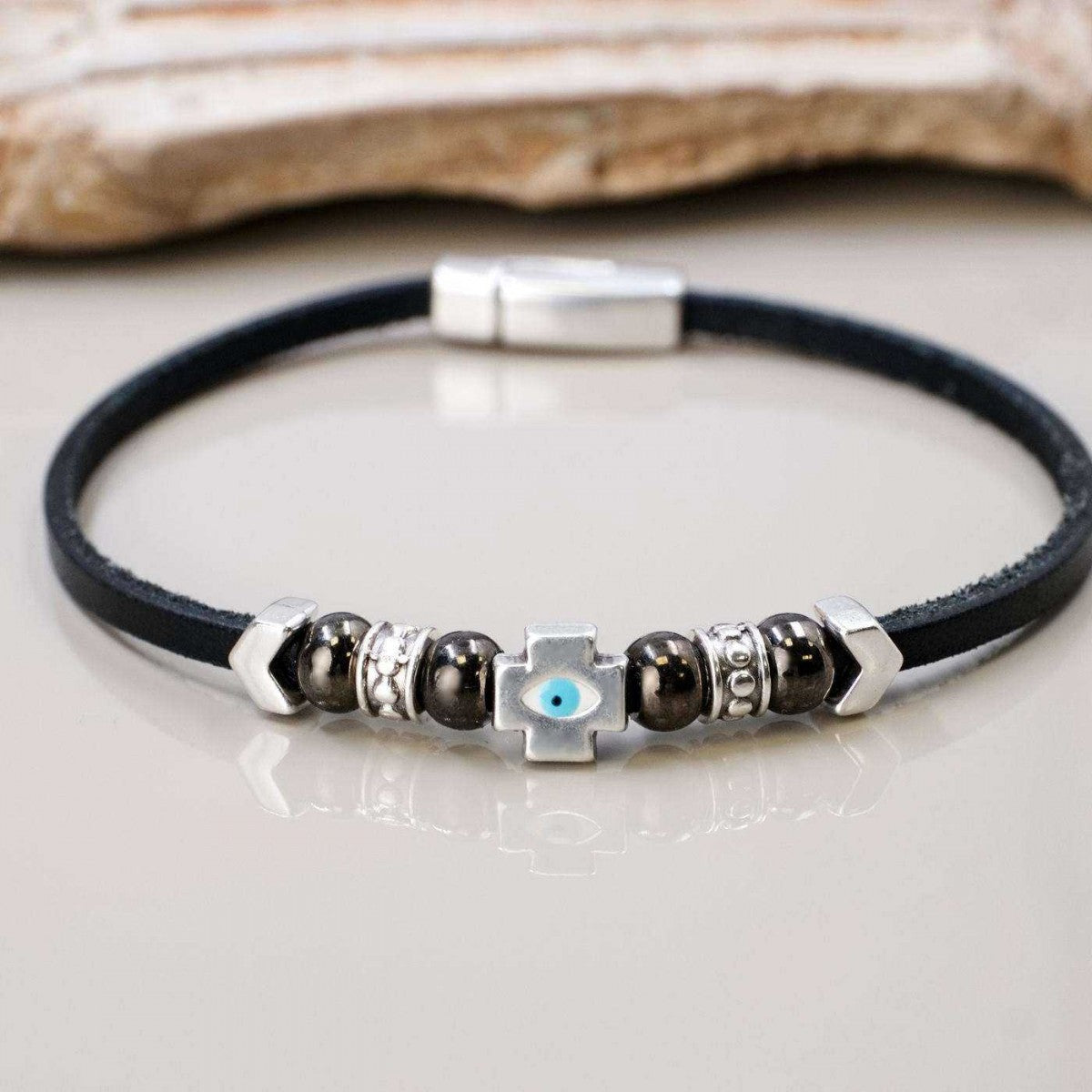 Cross Eye Black Leather Bracelet