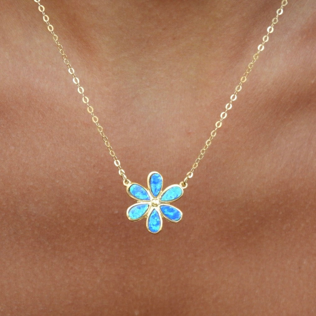 Blue Opal Flower Gold Necklace