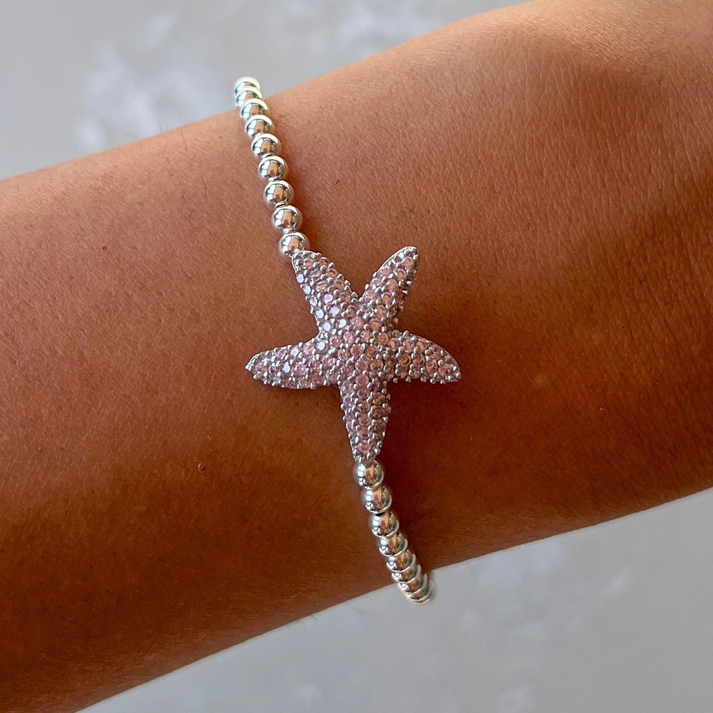 Pale Pink Starfish Silver Elastic Bracelet