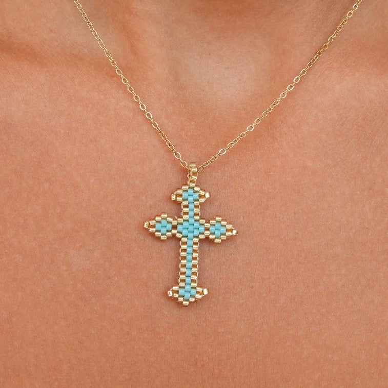 Anne Turquoise & Gold Cross Necklace