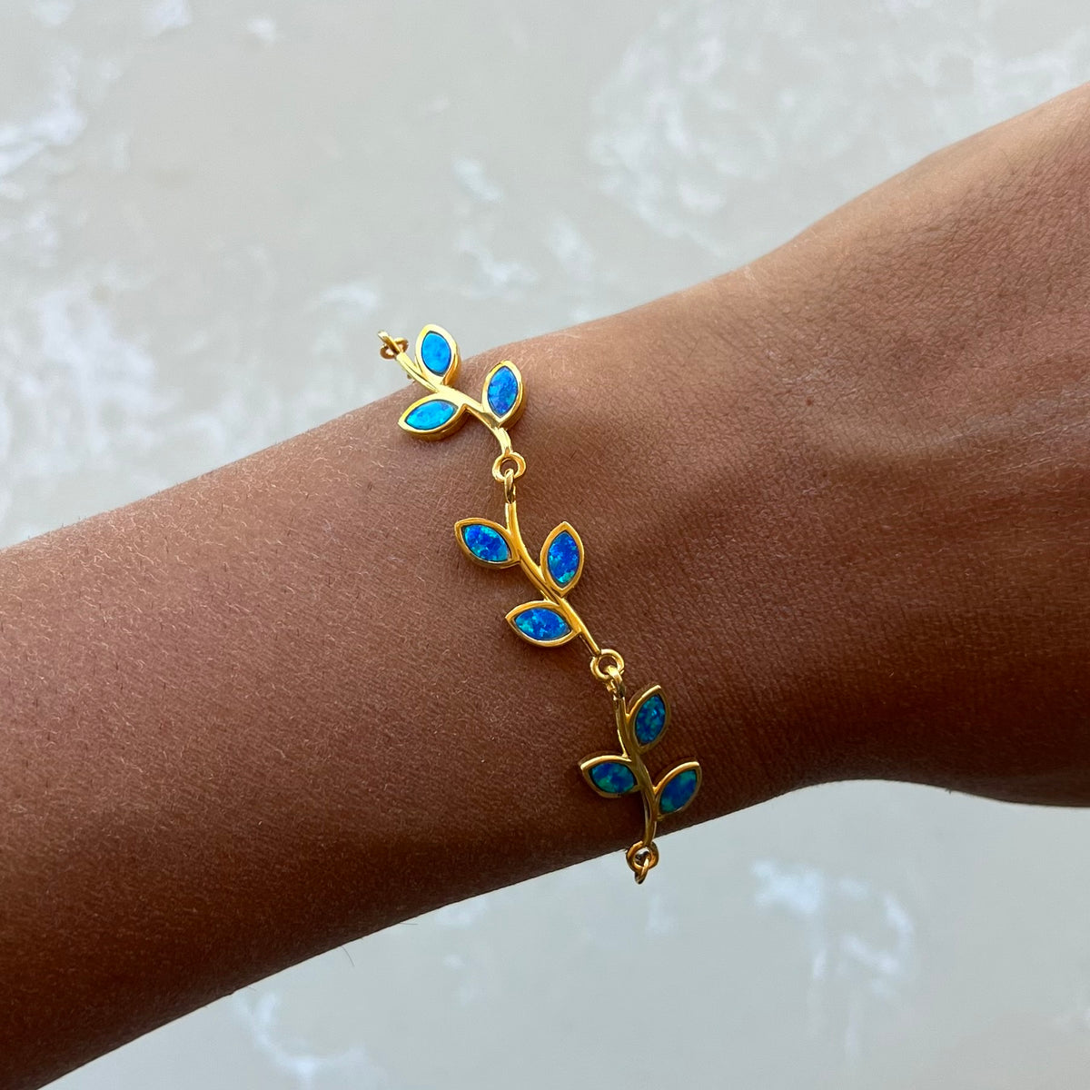 Blue Opal Leaf Gold Chain Bracelet