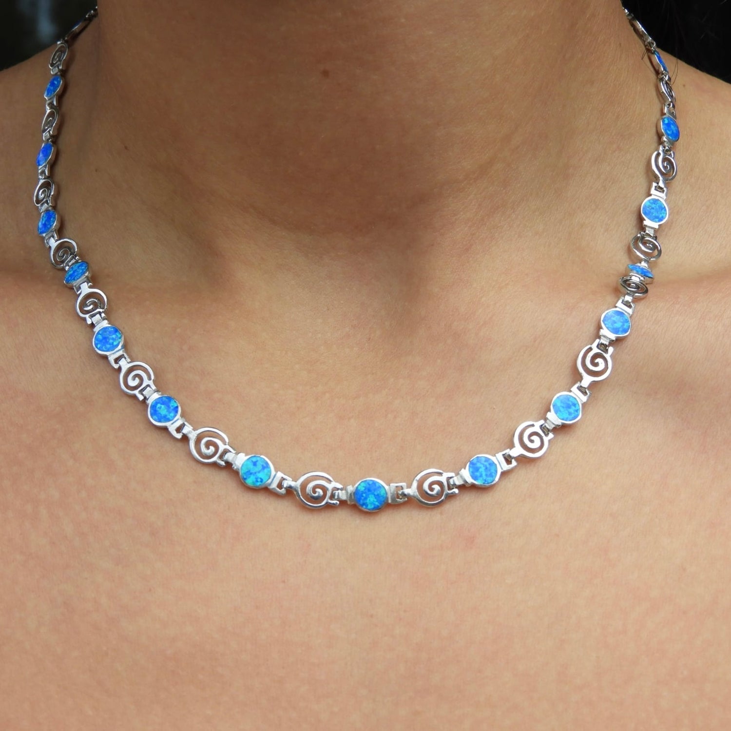 Blue Opal Meander Silver Necklace