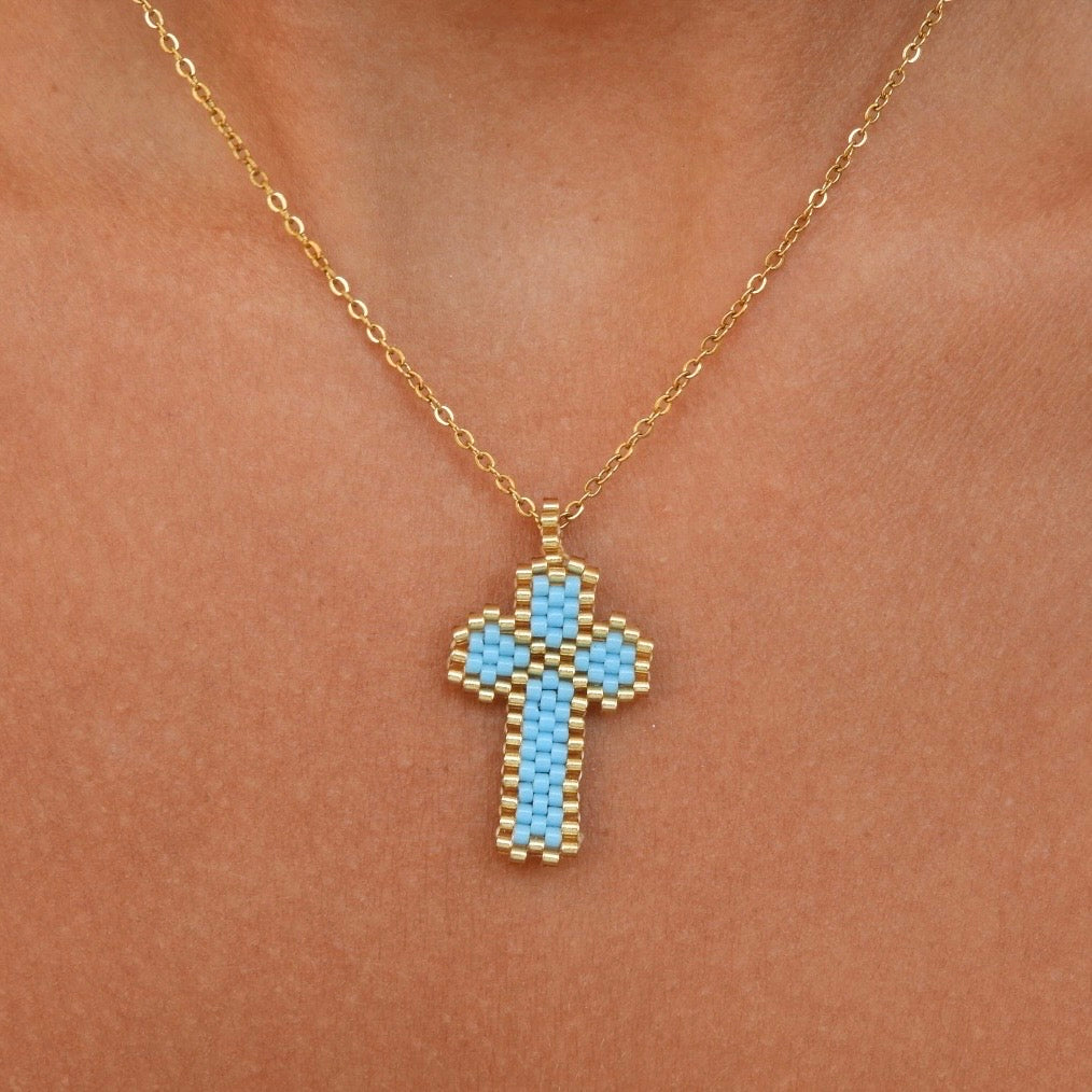 Nancy Blue & Gold Cross Necklace