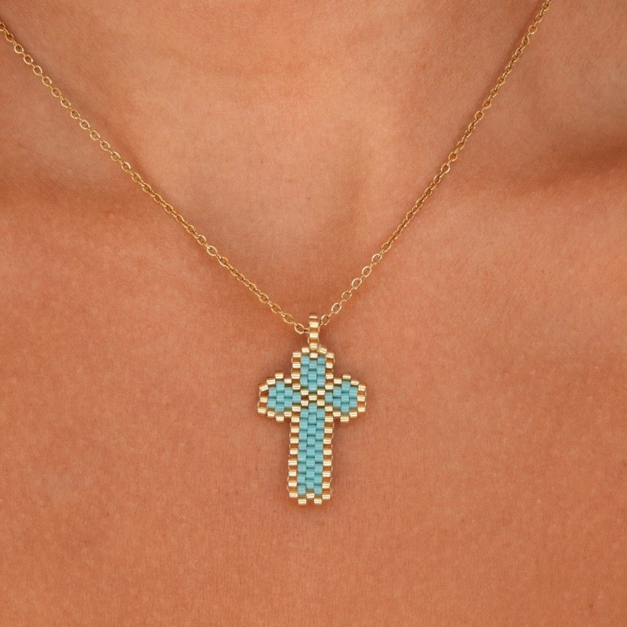 Nancy Turquoise & Gold Cross Necklace
