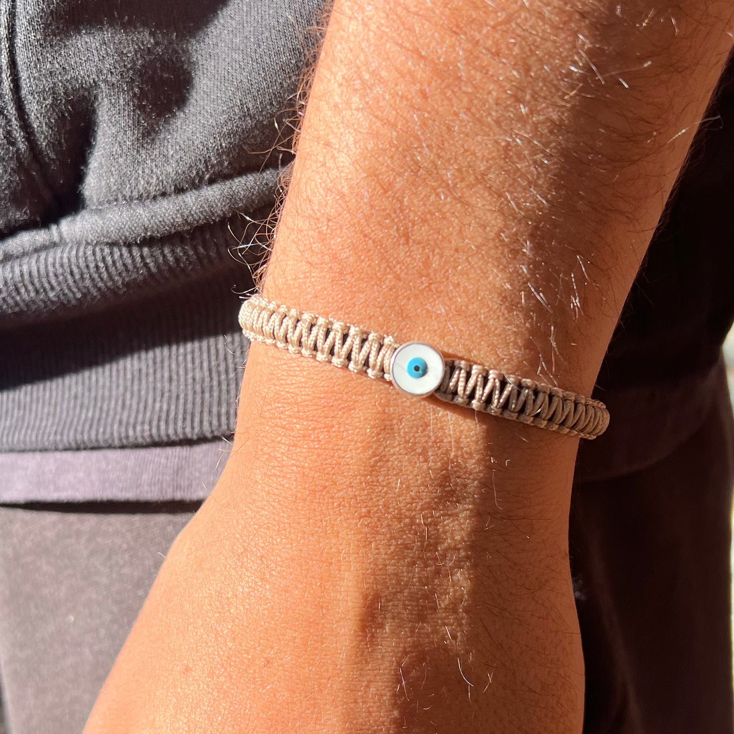Acadias Beige Braided Evil Eye Bracelet
