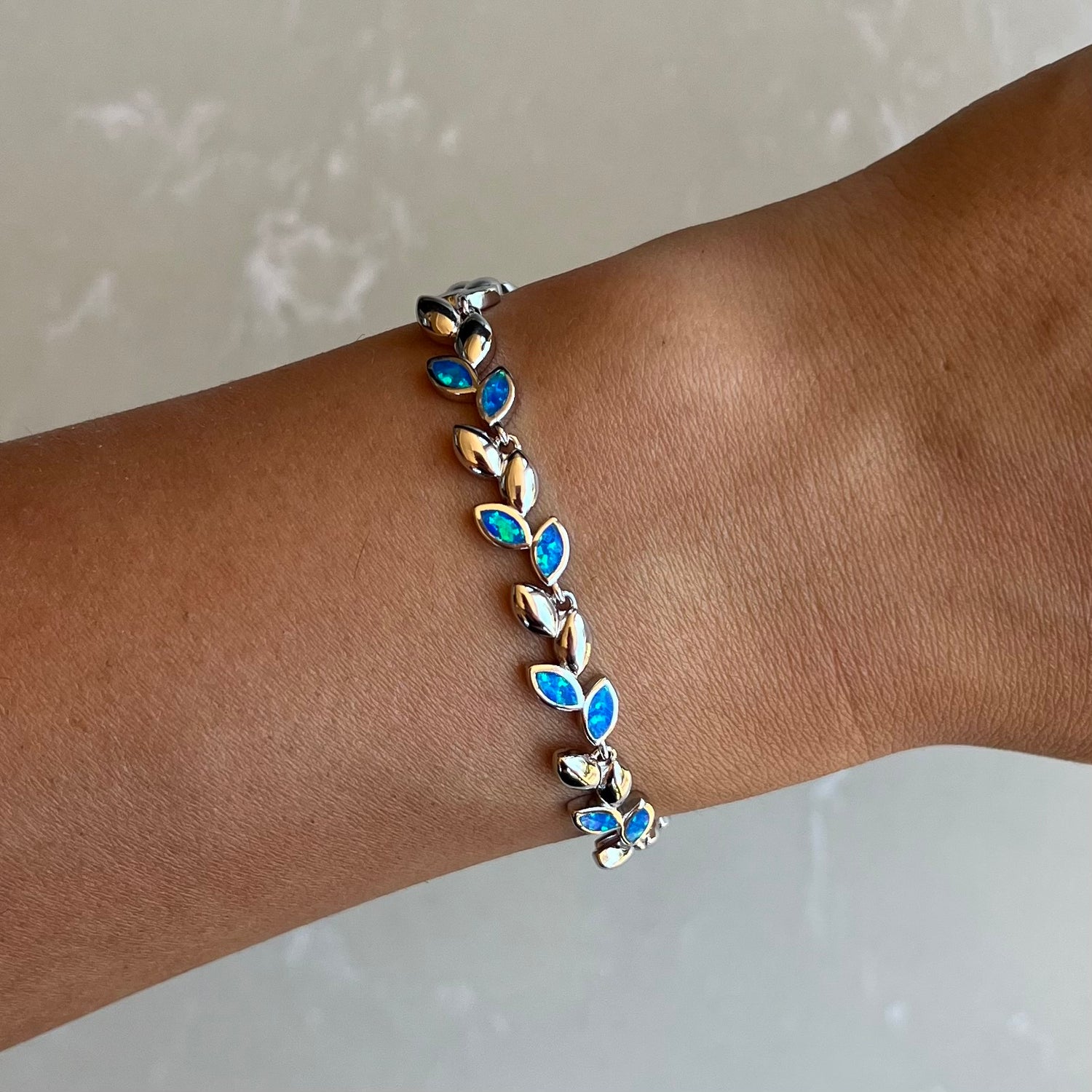 Olive Leaf Silver Opal Chain Bracelet