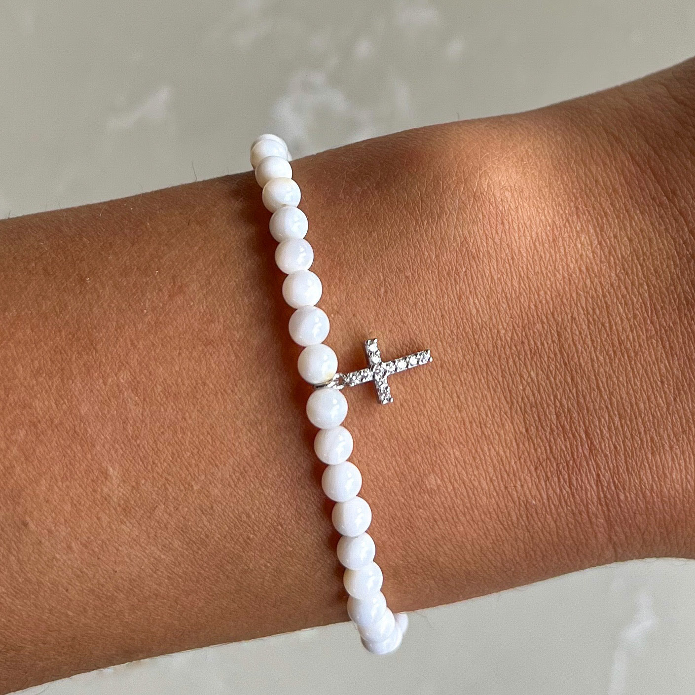 Cross White Silver Elastic Bracelet