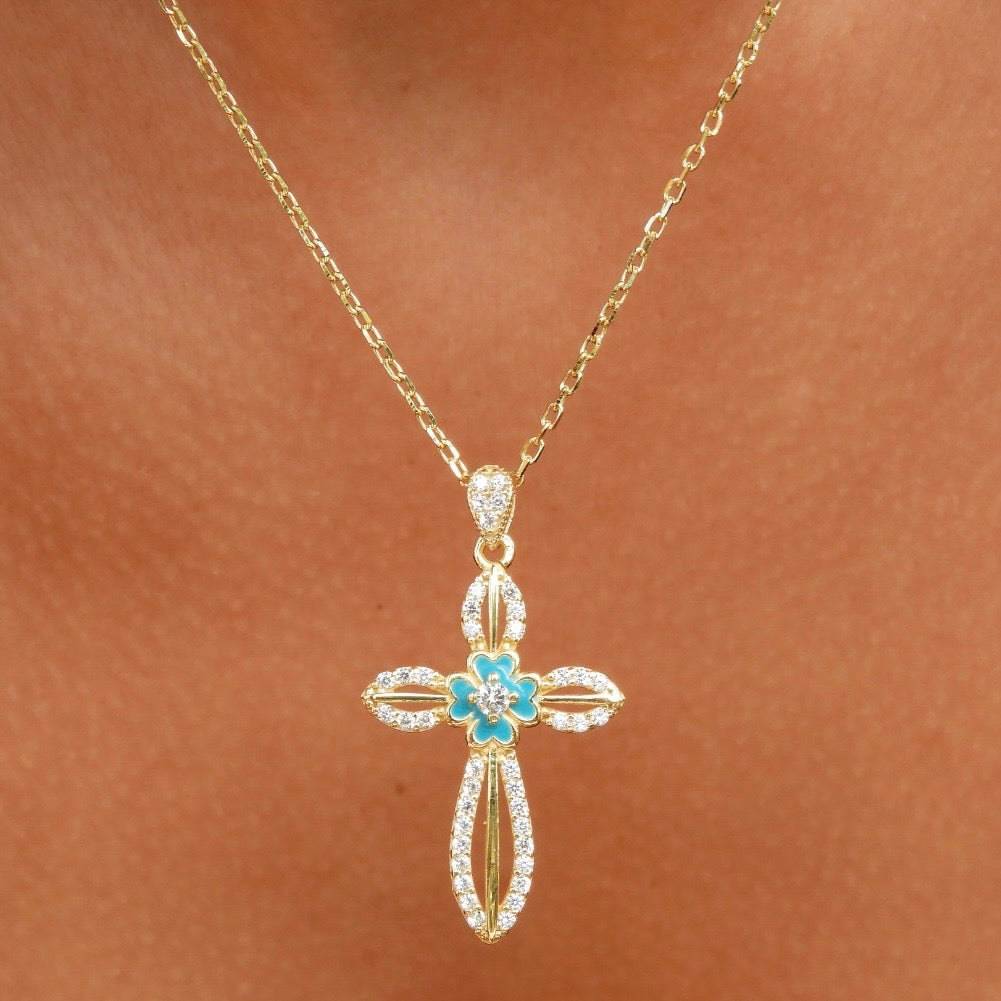 Sasha Turquoise Enamel Gold Cross Necklace