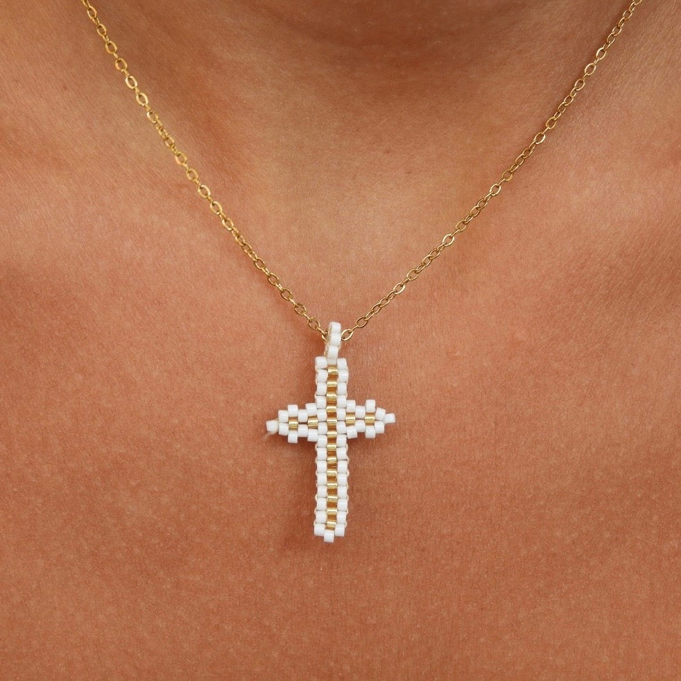 Meli White & Gold Cross Necklace