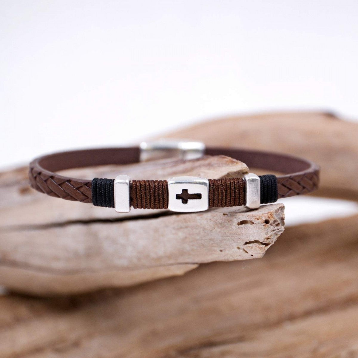 Silver Cross Brown Leather Bracelet