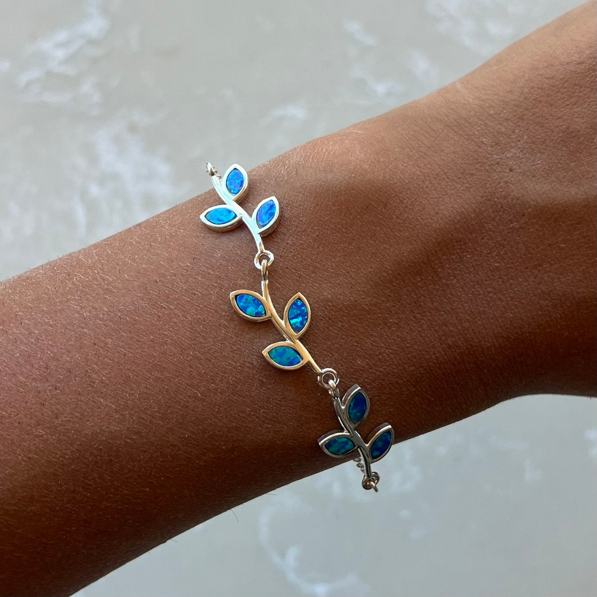 Blue Opal Leaf Silver Chain Bracelet
