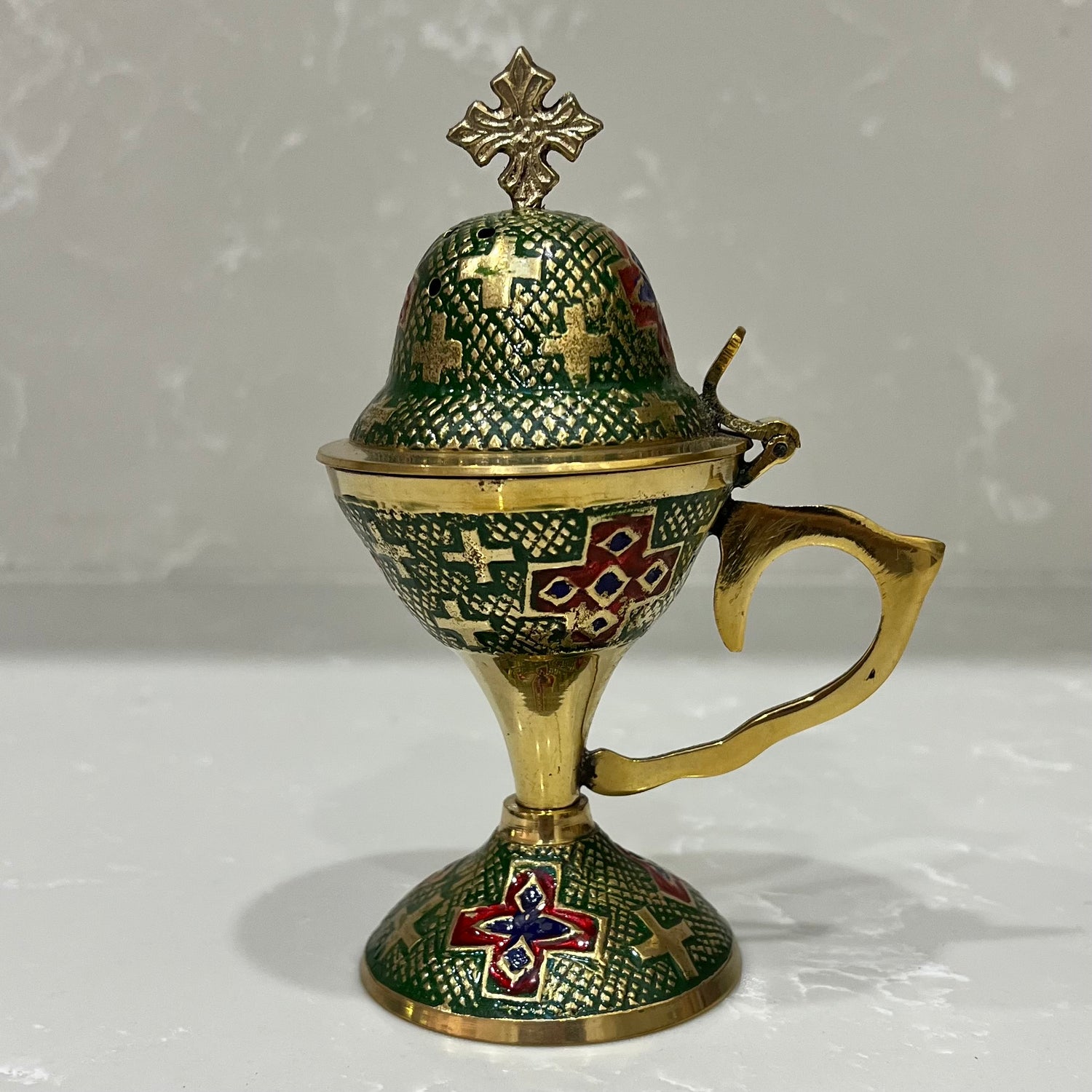 Tall Green & Gold Enamel Thimiato