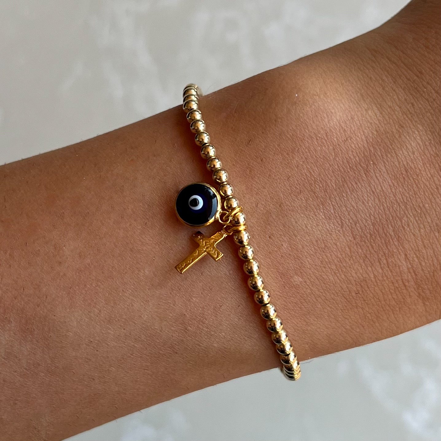 Cross & Evil Eye Gold Elastic Bracelets