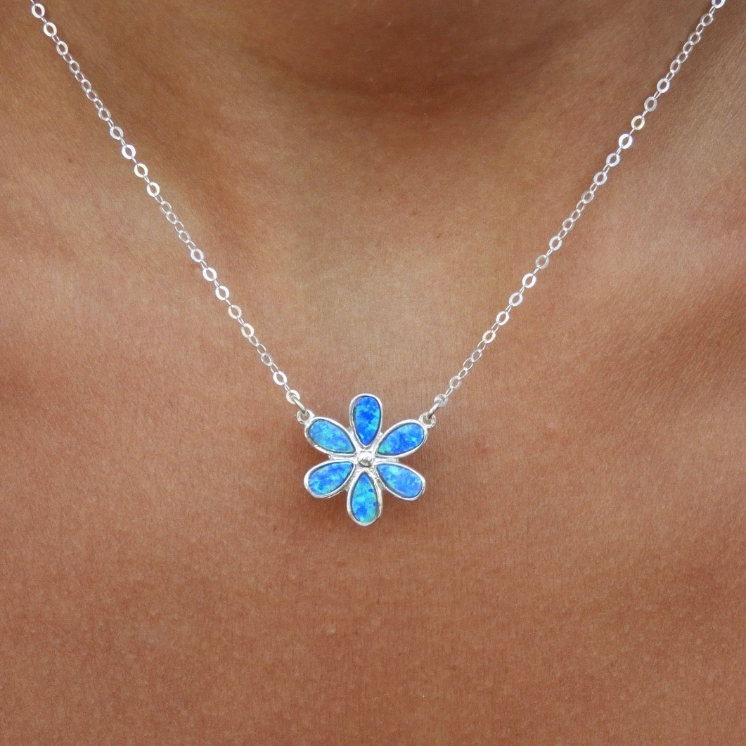 Blue Opal Flower Silver Necklace