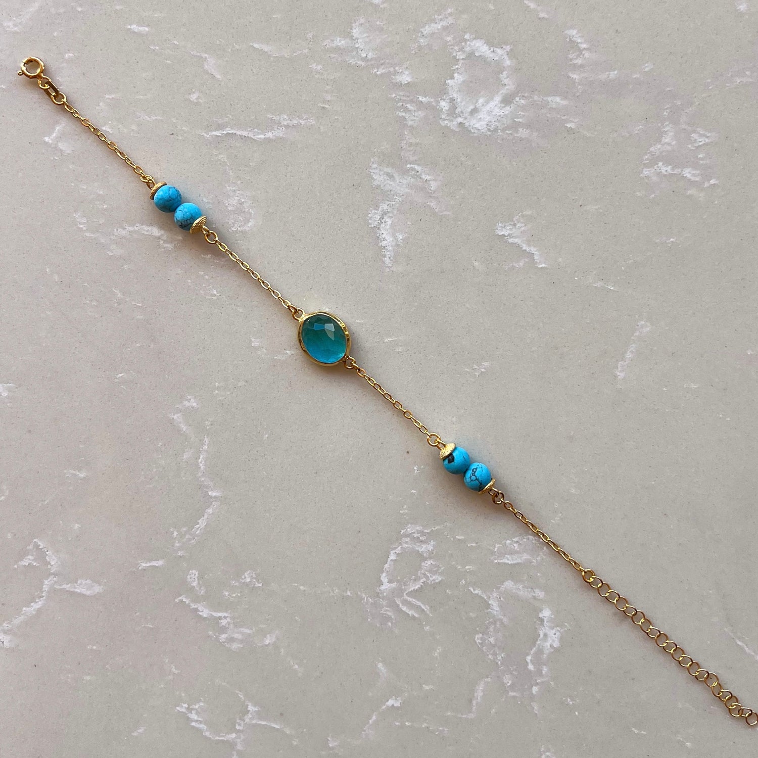 Aquamarine Quartz 22k Gold Chain Bracelet