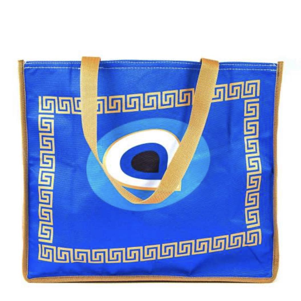 Greek Key Evil Eye Canvas Tote Beach Bag