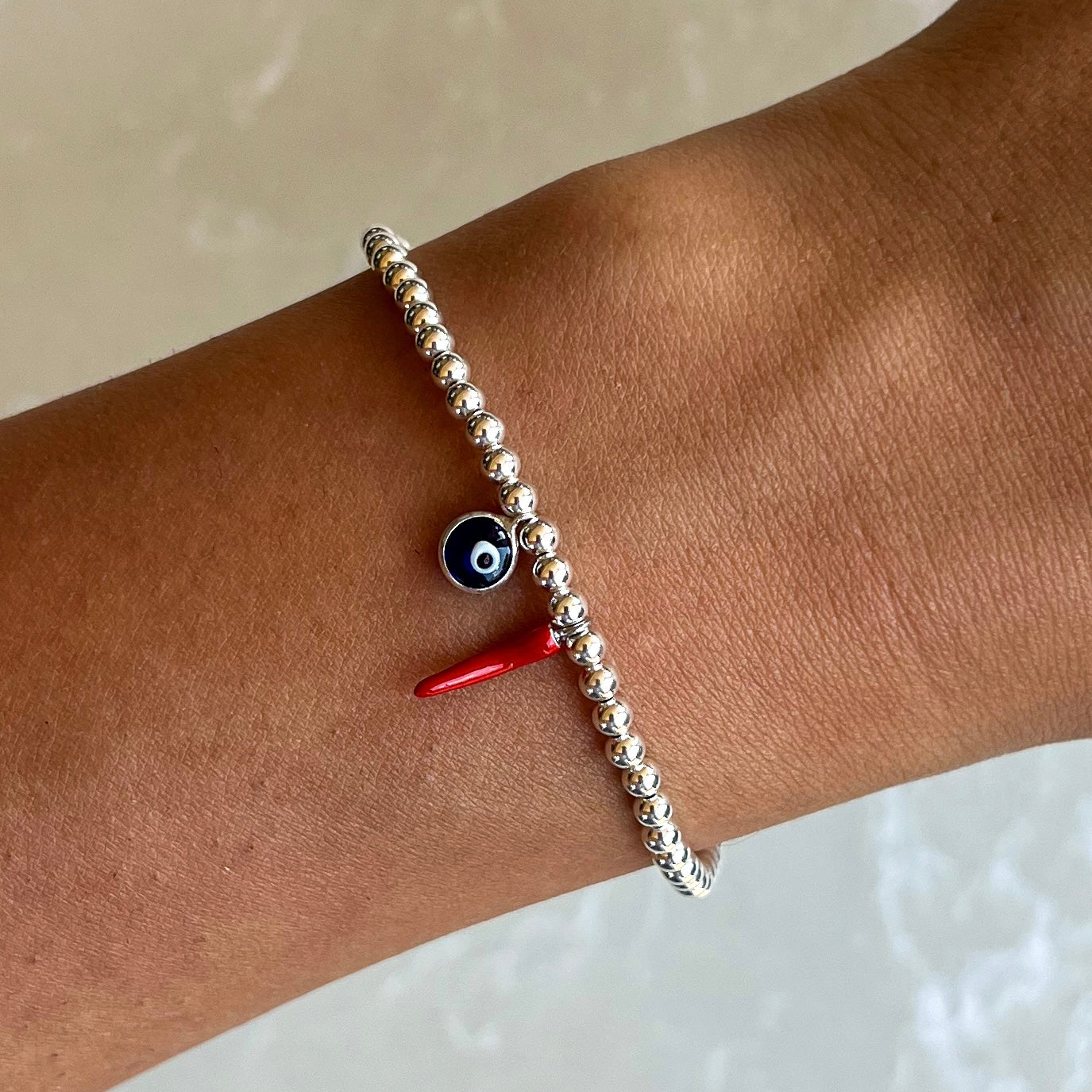 Chilli & Evil Eye Silver Elastic Bracelet
