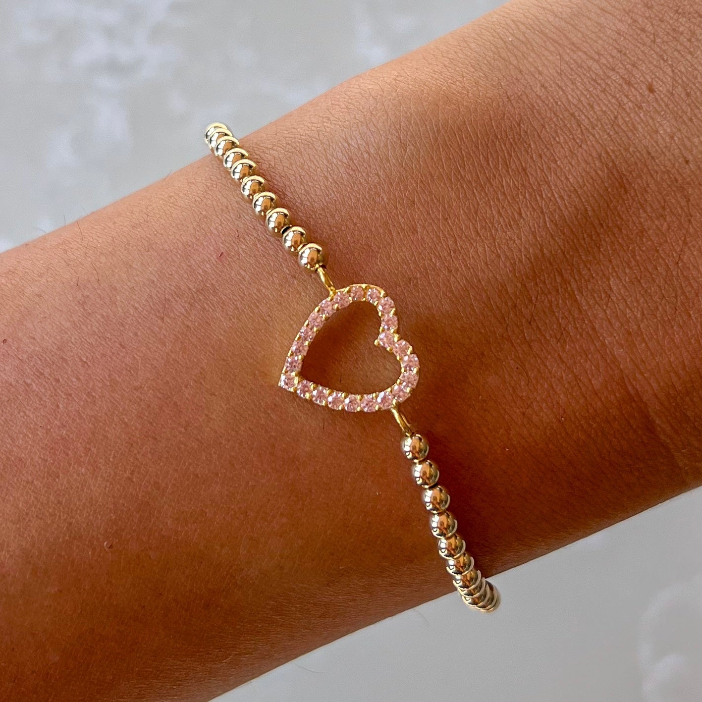 Pale Pink Heart Gold Elastic Bracelet