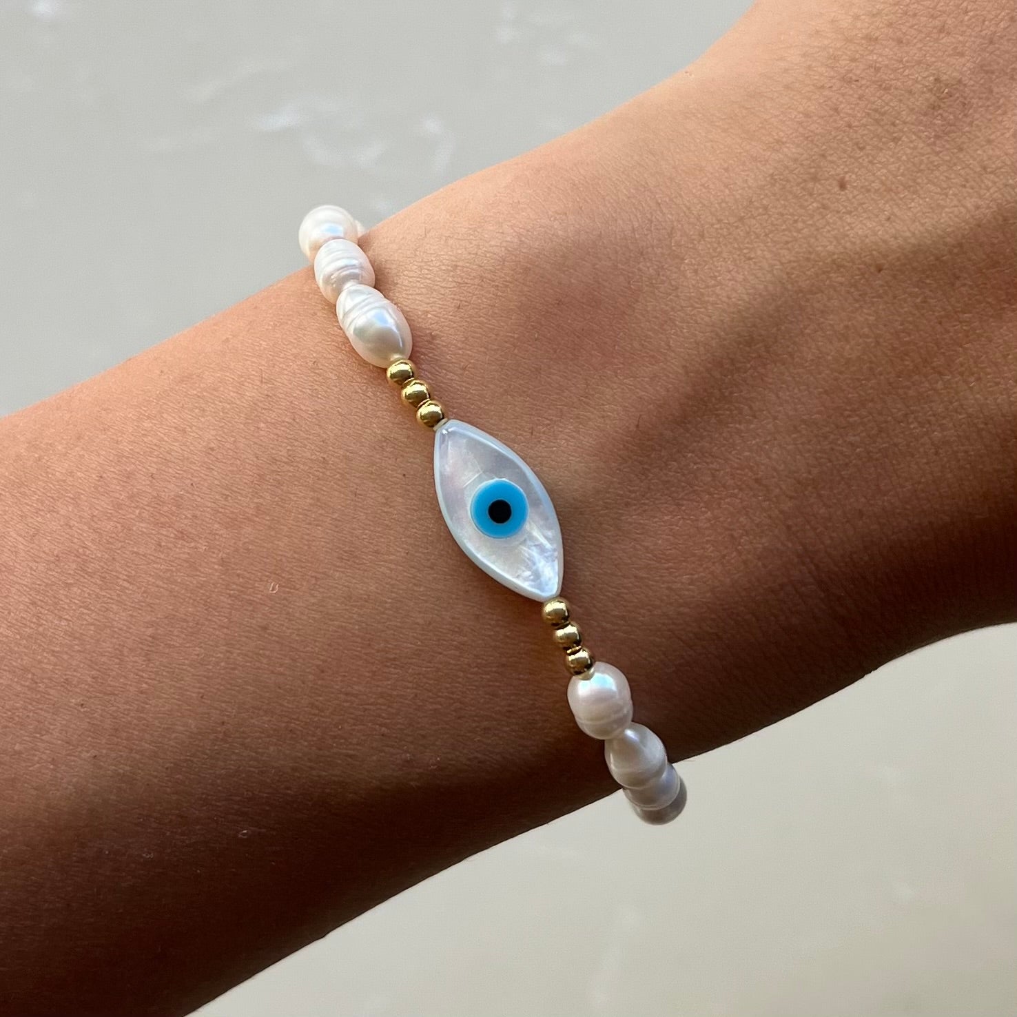 Freshwater Pearl Beaded Evil Eye Gold Bracelet