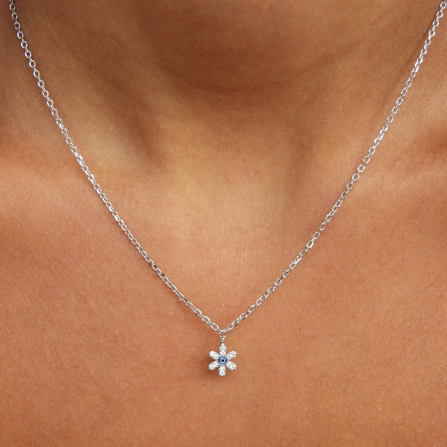 Flower Evil Eye Silver Necklace