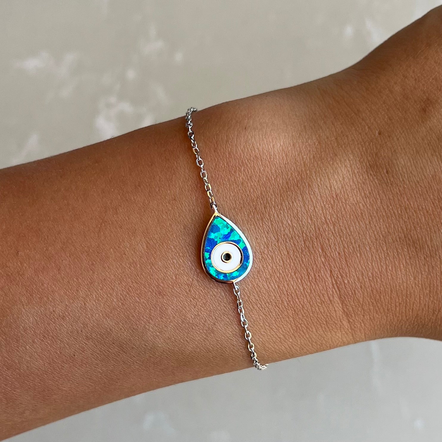 Opal Tear Drop Evil Eye Silver Chain Bracelet