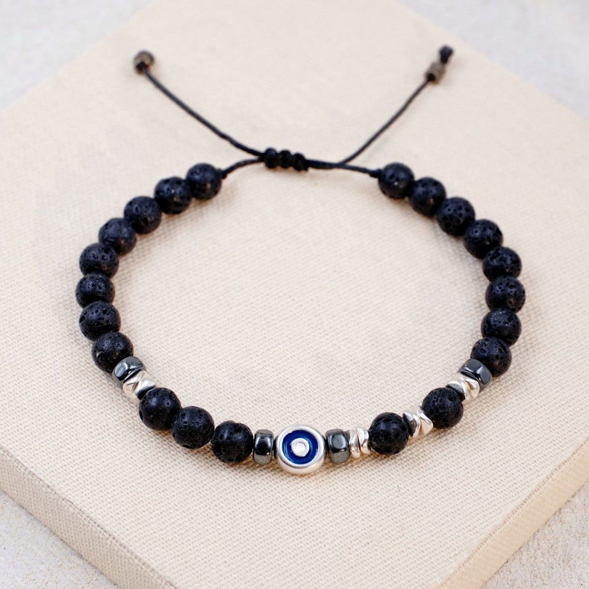 Silver Evil Eye Lava Stone Adjustable Bracelet
