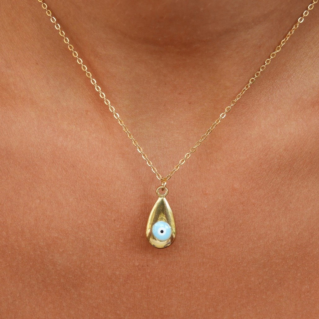 Tear Drop Light Blue Gold Evil Eye Necklace