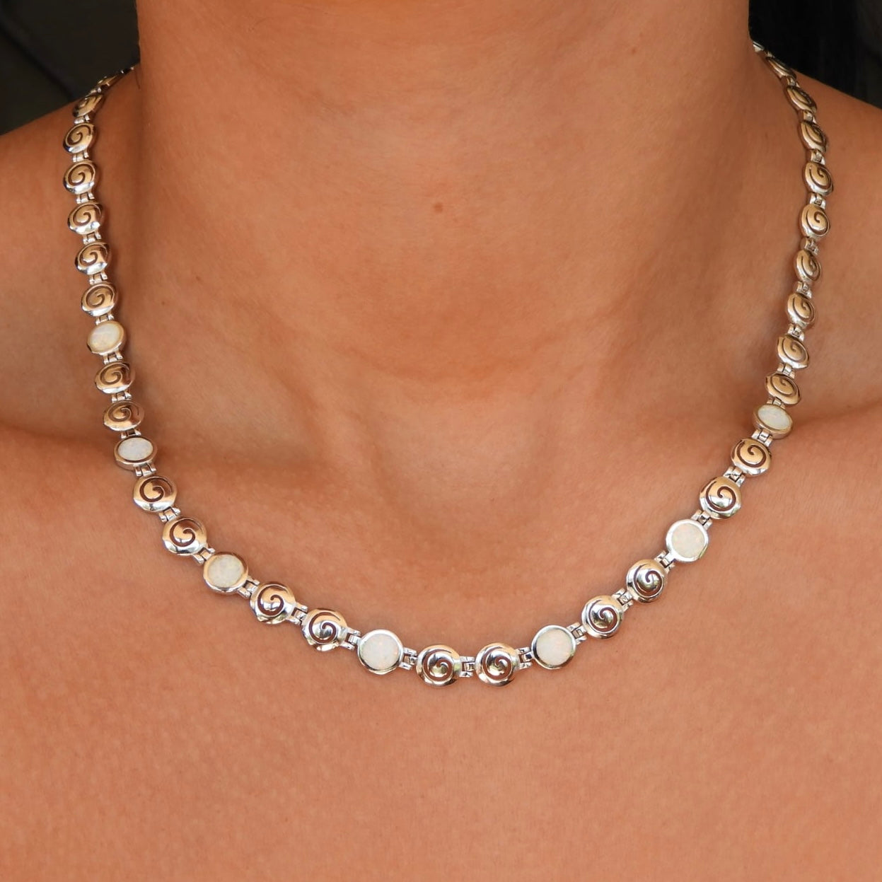 White Opal Meander Silver Necklace