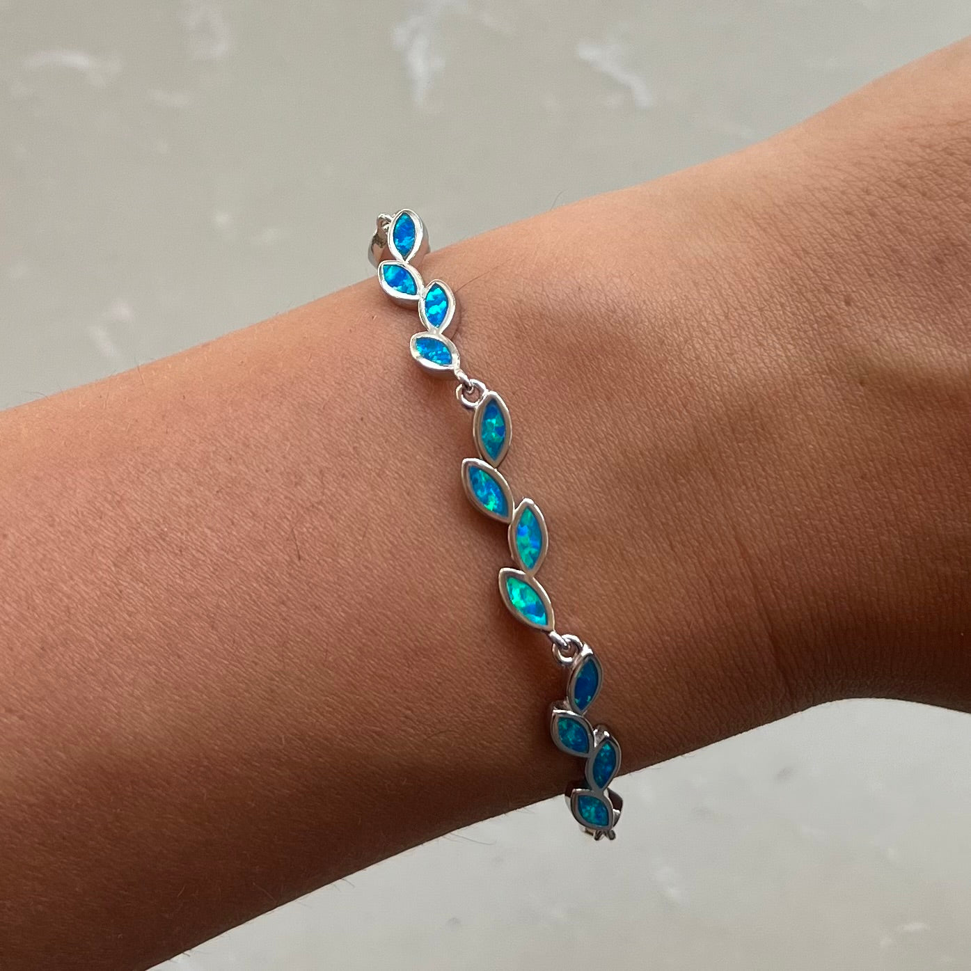 Opalite Olive Leaf Silver Chain Bracelet