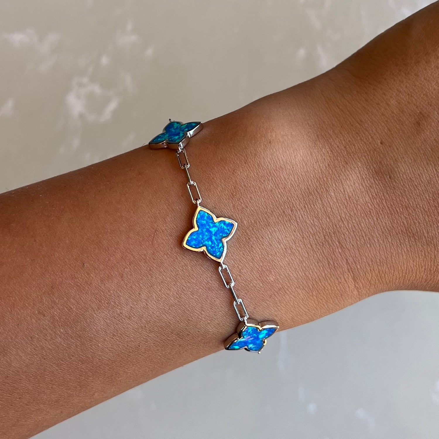 Opal Flower Silver Chain Bracelet