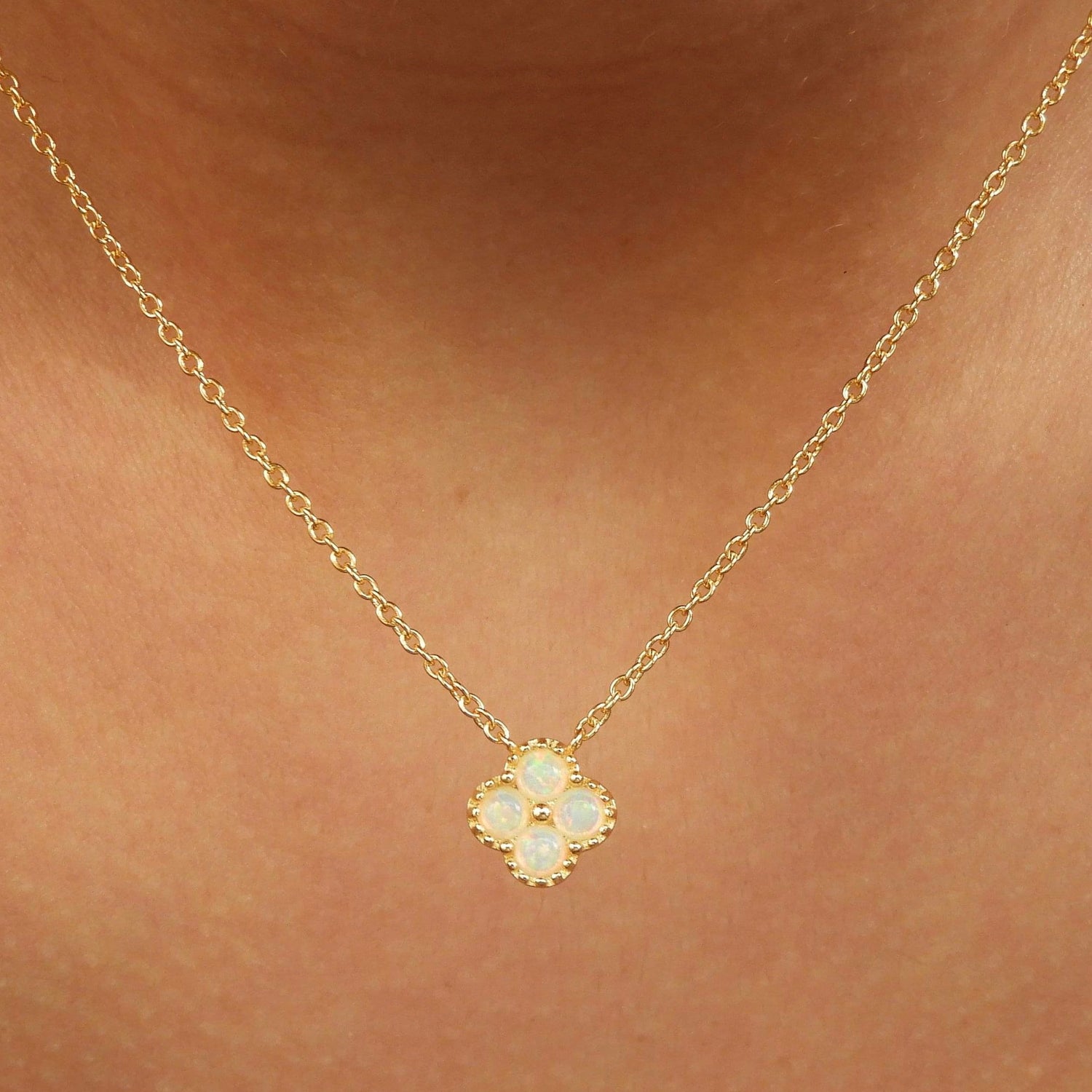 Ivy White Opal Clover Gold Necklace