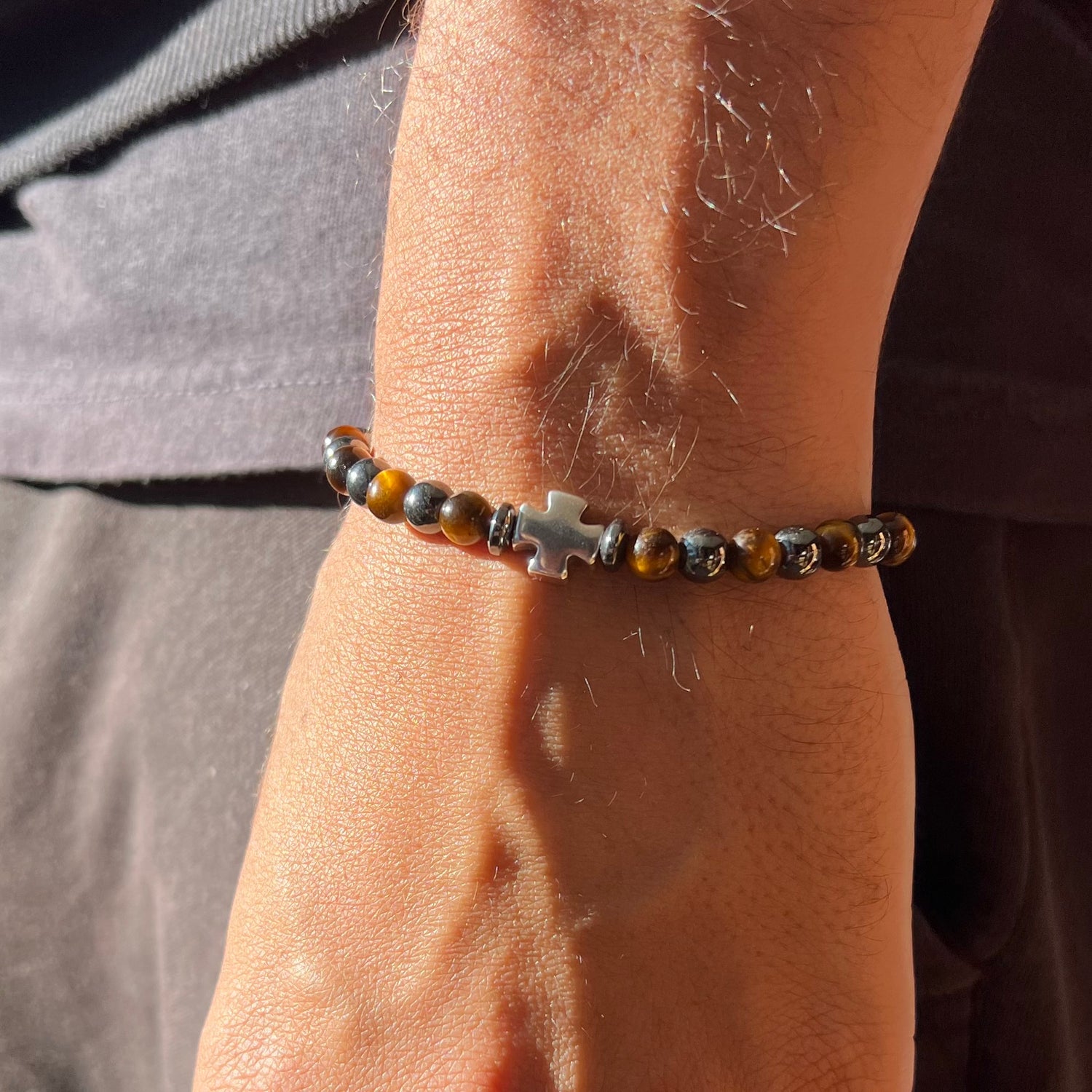 Cross Hematite And Tigers Eye Stone Bracelet