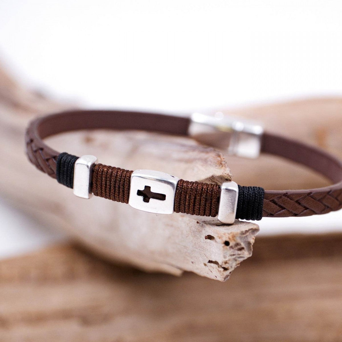 Silver Cross Brown Leather Bracelet