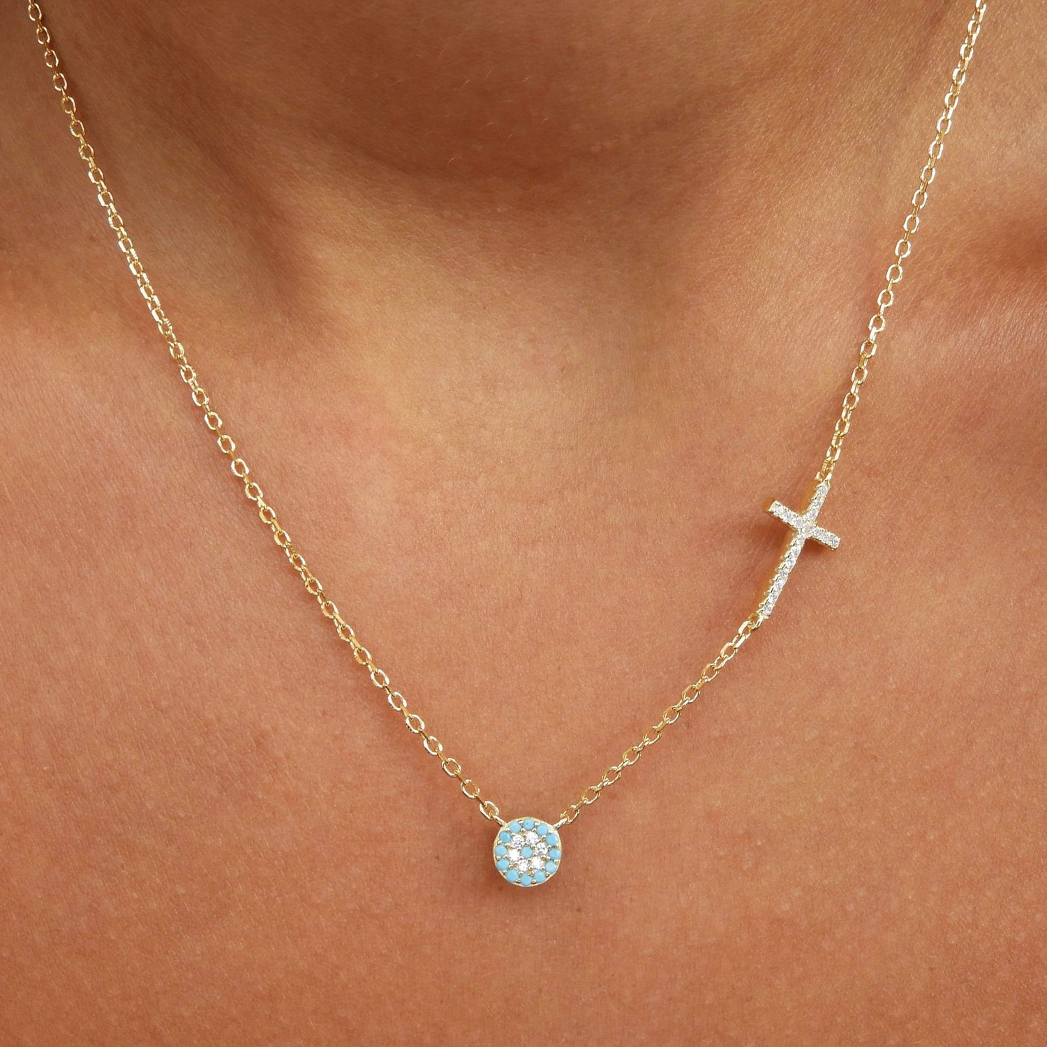 Cross & Evil Eye Gold Light Blue Necklace