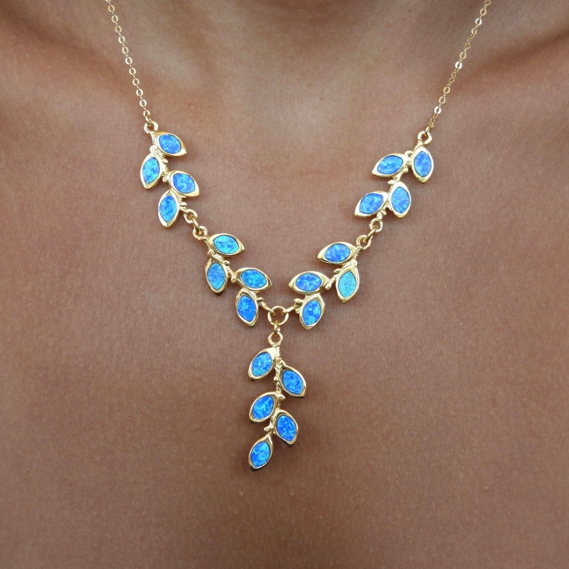 Blue Opal Leaf Gold Necklace