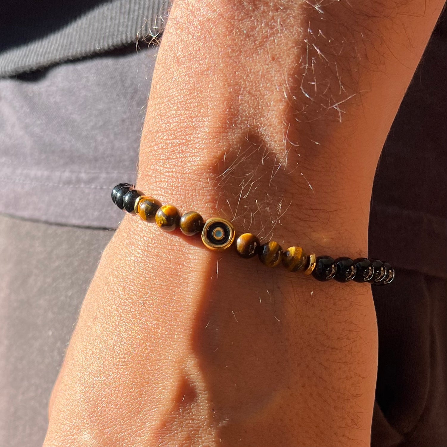 Evil Eye Agate And Tigers Eye Stone Elastic Bracelet