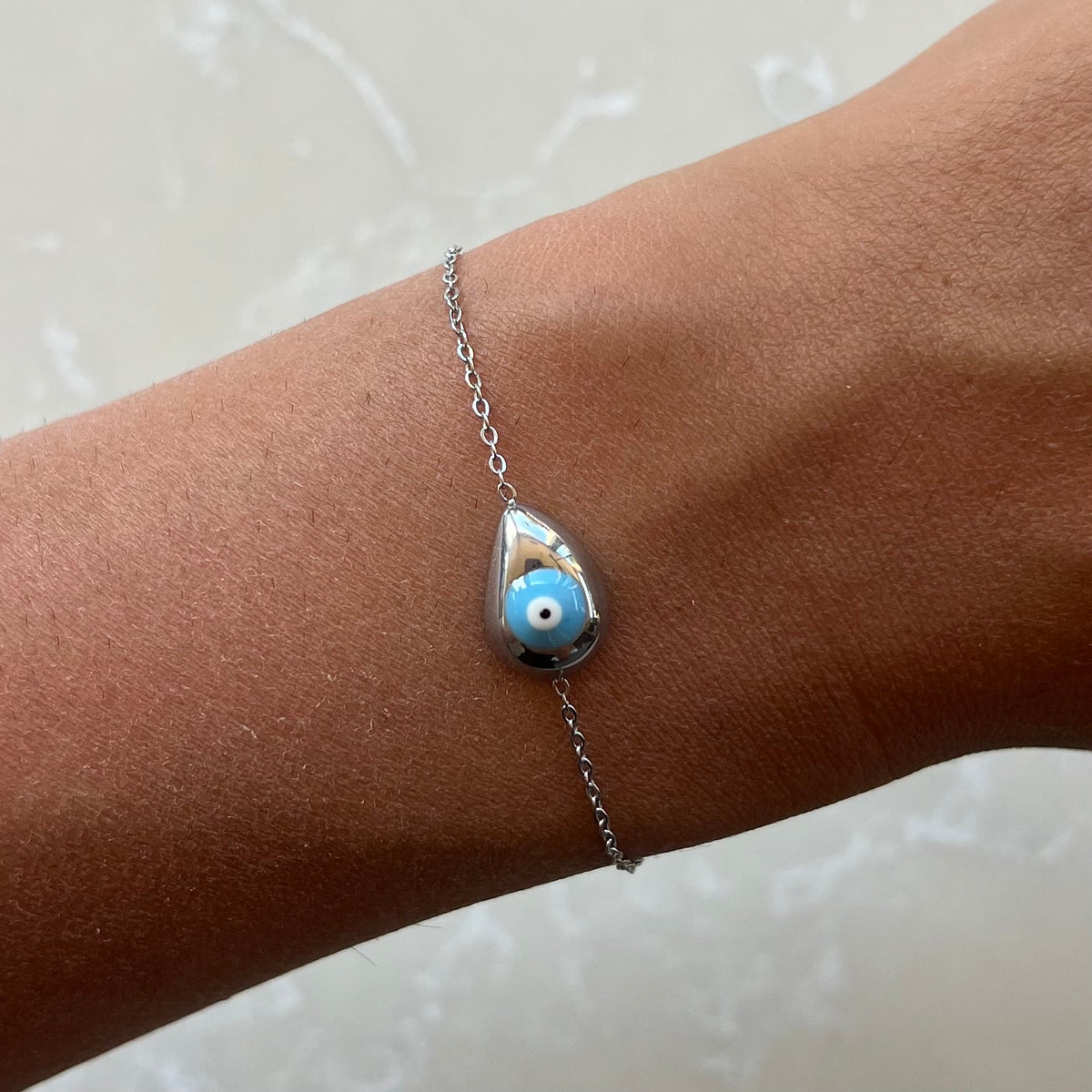 Tear Drop Light Blue Evil Eye Chain Bracelet