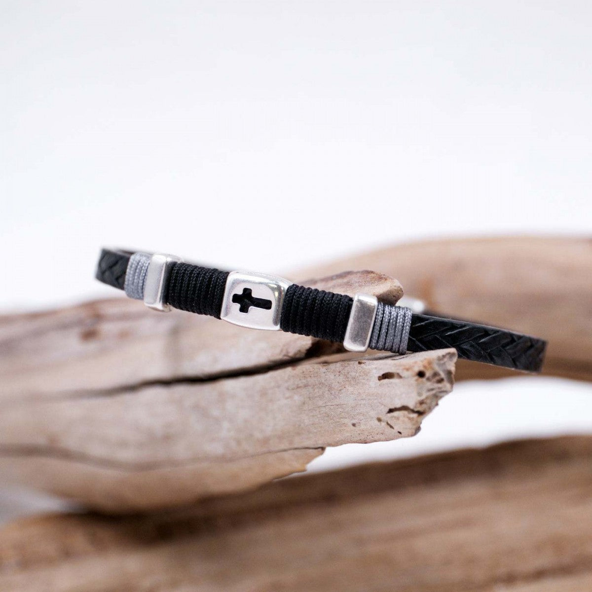 Silver Cross Black Leather Bracelet