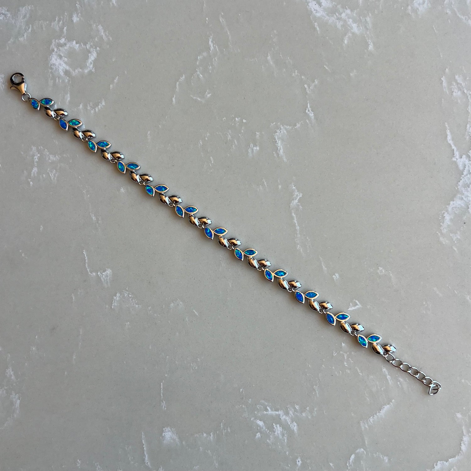 Olive Leaf Silver Opal Chain Bracelet